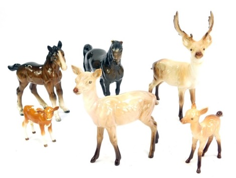 A group of Beswick animals, to include a doe, stag and fawn, calf, brown horse and a mare, etc. (AF) (6)