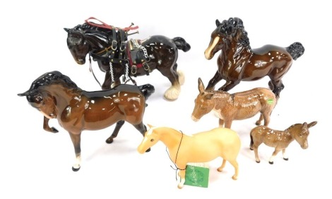 A group of Beswick and other animal ornaments, comprising shire horse, galloping mare, Beswick brown horse, a matt finish John Beswick tan horse, large Beswick donkey and small Beswick donkey. (6)