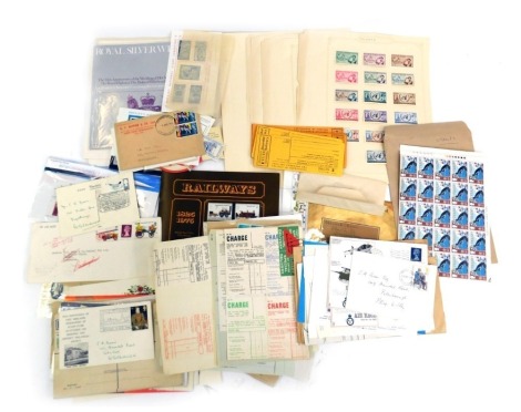 Philately. Various loose stamp album sheets, to include a set of six penny blacks on facsimile sheet, botanical, Royal Wedding first day covers, unframed etchings, etc. (1 box)