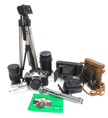 Camera and optics equipment, comprising two tripods, Chinon CS camera, Fujifilm Fine Pix camera, modern binoculars, Kodak box camera, an auto Chinon 1-3.5 200mm lens, and a pair of 8x binoculars. (a quantity)