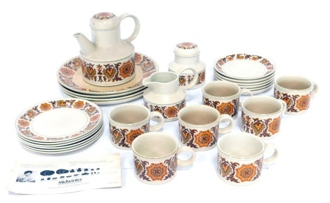 A Midwinter Stonehenge pattern pottery part dinner and tea service, comprising four large dinner plates, teapot, milk jug, miniature storage bowl, seven cups, six saucers, and six side plates.