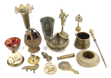 A group of Eastern brassware, comprising hanging incense burner, flared rim vase, niello bowl, enamel hand mirror lacking mirror, etc. (1 tray)