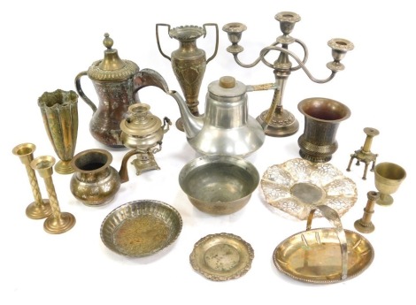 A group of Eastern metal wares, comprising copper pierced design coffee pot, 22cm high, miniature tankards, goblets, etc. (1 tray)