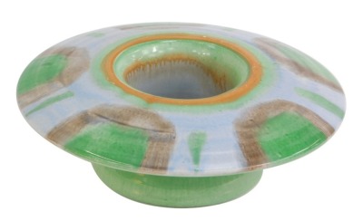 A Shelley planter, with ribbed and flared outer border, with an orange rim, blue and green design, stamped to underside, 19cm diameter, 6cm wide.