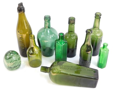 A collection of 19thC and later green glass bottles, comprising Low Sun and Cobbald Limited of Stamford, George Shaw and Co Limited Leigh Brewery, Green Poison bottle, another stamped Des Bauphins, JH Cuff Limited of Manchester, three unmarked green glass