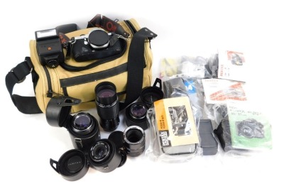 Camera and optics equipment, comprising Nokia Coolpix 3200, Konica A4, Hama film reels, Canon EOS 30, Pentax zoom 105R, Pentax Espio 115M, Pentax PC35AF-M, Pentax ME Super, Pentax Asahi 80mm-200mm lens, 50mm Pentax lens, 28mm Pentax lens, Pentax 40-80mm l