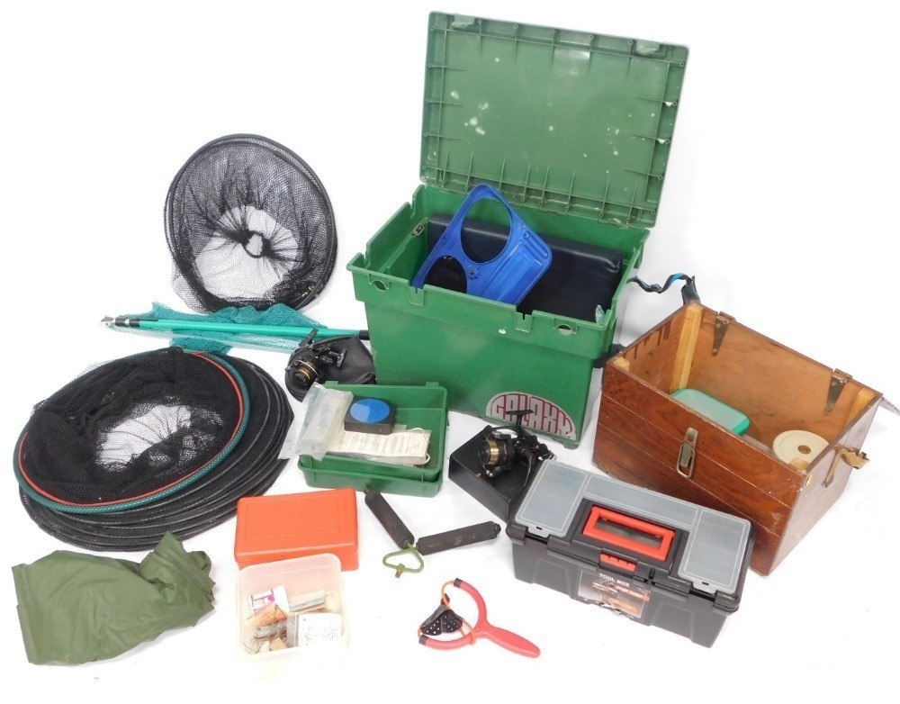 Fishing tackle, comprising a Rivi green fishing box and contents, to  include Galaxy Professional stool, Silstar