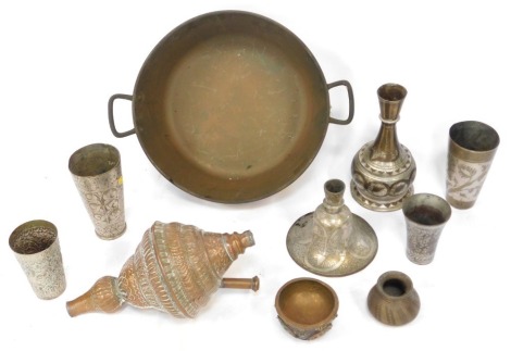 A Victorian copper jam pan, with steel handles, 41cm diameter, and various Eastern brass and plated wares, to include beakers, coffee pot, etc. (a quantity)