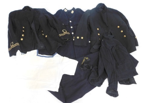 A group of Royal Naval Reserve uniforms, comprising a black evening jacket, HMS Victory ribbon, Naval navy trousers, black Naval jacket, white neckerchiefs, etc. (a quantity)