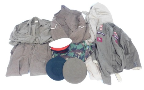 A group of Army uniforms and dress uniforms, to include two berets, a dress cap size 6&#8542?, a tunic drill khaki size 24, a Ladybird Belfast 1966 14½ shirt, an Army blouse battle dress 1949 pattern size number 1, trousers, a 1943 battle dress blouse siz