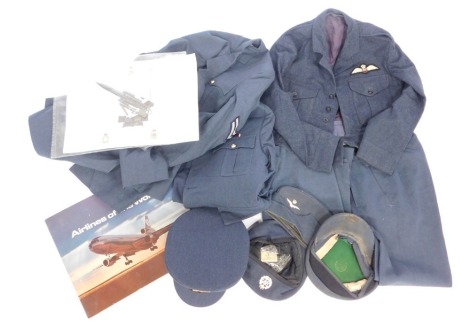 RAF clothing and accessories, comprising beret, number 1 dress cap, Alpkit cap, Airlines of the World poster, RAF Bloodhound Mark II print, RAF Navy blouse BD size 7, size 20L uniform men's trousers, a number 1 dress OA size 20L jacket, RAF size 28 trous