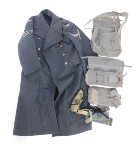 An RAF Flight Sergeant's great coat, bearing label size 8 1957, and various other cuffs and carry bags. (1 box)