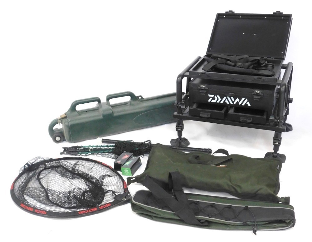 Fishing tackle, comprising Daiwa seat box, adjustable travel case with  padlock, a Preston Innovations oval landing