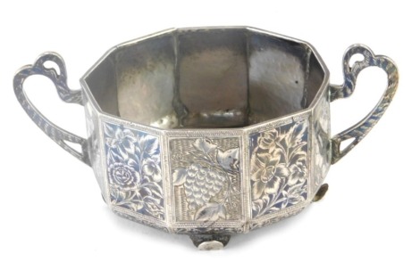 A white metal and niello white metal bowl, octagonal designed with shaped handles, with niello floral and grape design, white metal unmarked, 7.16oz.