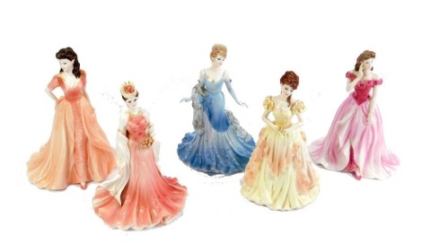 Five Coalport figures, comprising Ladies of Fashion Debbie, Sue, Karen, Jacqueline, and Figurine of the Year Sarah. (5)