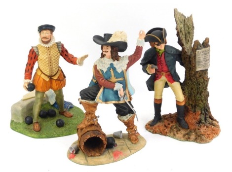 Three Royal Doulton figures, comprising D'Artagnan, 23cm high, Dick Turpin, 22cm high, and Sir Francis Drake, 24cm high. (3)