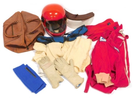 Motor Racing helmet and Les Leston racing overalls, together with other motor racing attire, as worn by the Late Jeff Ward, also a visor and leather grip bag. To be sold on behalf of the Estate of the Late Jeffrey (Jeff) Ward.