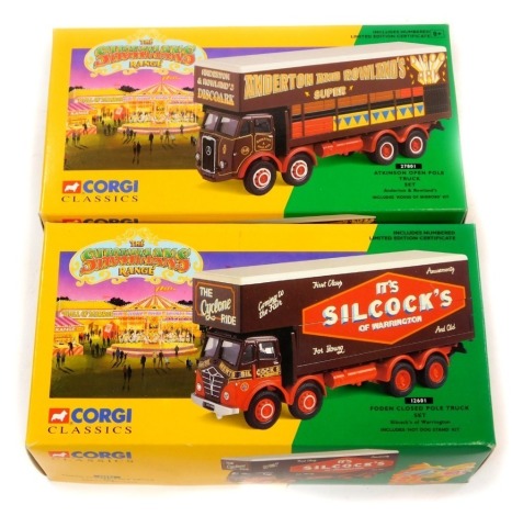 Corgi Classics The Showmans Range diecast, comprising an Atkinson open pole truck set Andersons and Rowlands, and a Foden closed pole truck set Silcocks of Warrington, boxed. (2)