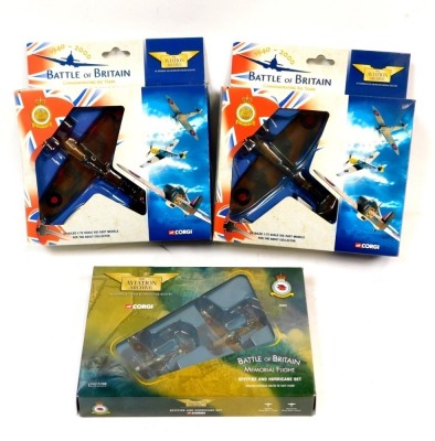 Corgi The Aviation Archive 1:72 scale diecast squadron planes, comprising Hawker Hurricane Mark I 85 Squadron RAF Squadron Leader Peter Townsend, Spitfire Mark I 74 Squadron RAF First Skirmish of Battle of Britain Flight Lieutenant Adolph Malan, and a B