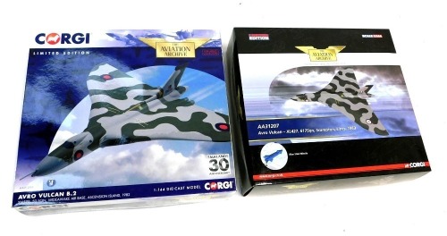 Corgi The Aviation Archive diecast planes, comprising a Avro Vulcan B2, XM598 50 Squadron Wadswick Air Base, Essential Island 1982, Avro Vulcan XL427 617 Squadron Scampton Lincs 1969, boxed. (2)