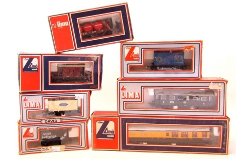 Lima OO gauge rolling stock, including Lucas Batteries wagon, Watney's Beer flat wagon, brake car, etc. (7)