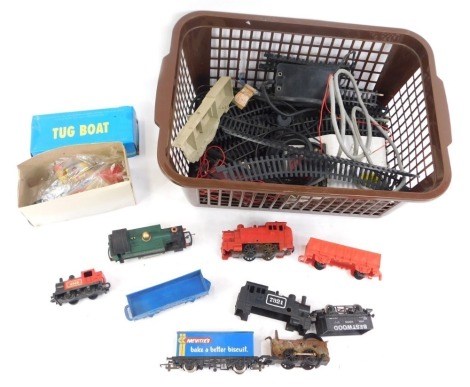 Hornby OO gauge railway and accessories, comprising a Hornby Great Western 101 locomotive, wagons, track, tinplate tug boat, etc. (1 box)