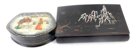 Two painted lacquer boxes, comprising a Russian painted box with figures in a wintry landscape by a well, signed indistinctly, 13cm wide, and a Japanese black lacquered box, with mother of pearl tree top, 4cm high, 16cm wide, 10cm deep. (2)