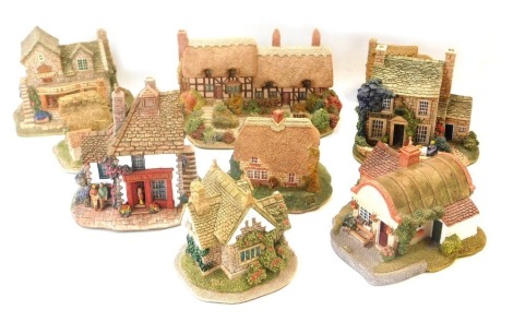 Nine Lilliput Lane cottages, comprising Anne Hathaway's Cottage, Elm Cottage, Lapworth Lock, Lavender Cottage, Fry Days, The Spinney, Baker's Shop, Swaledale Tees, and Penny's Post, boxed. (9)