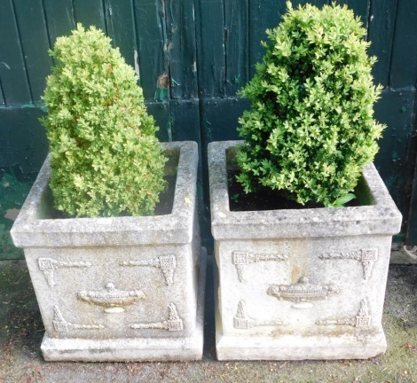 A pair of square reconstituted stone garden planters, each with urn and swag design, with boxed bay trees, 48cm high, 49cm x 49cm.