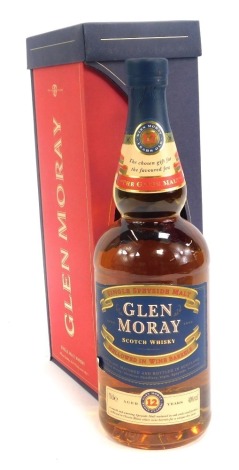 A bottle of Glen Moray single malt whisky, aged 12 years, boxed.