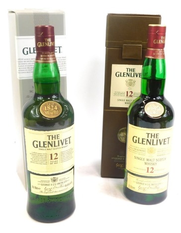 A cased bottle of Glenlivet twelve year single malt Scotch whisky, and a Glenlivet twelve year aged single malt Scotch whisky, boxed. (2)