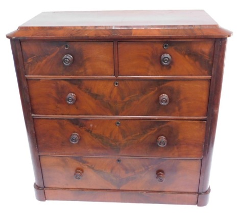 A Victorian flame mahogany chest, of two short over three long drawers, the lowest drawer with integral plinth base, 120cm high, 122cm wide, 53cm deep.