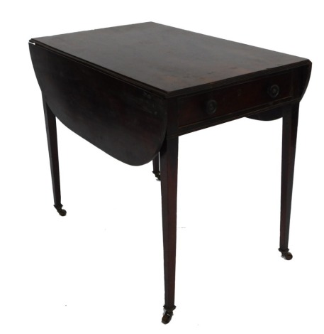 A George III mahogany Pembroke table, with single frieze drawer, raised on tapering square legs, brass capped on castors, 70cm high, 81cm wide, 52cm deep.