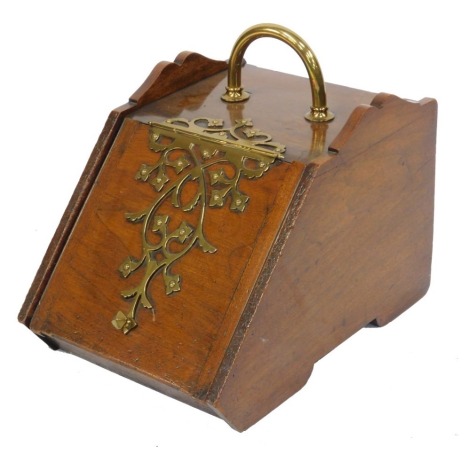 A Victorian oak coal box, with brass carrying handle and hinged strap work, 33cm wide, 48cm deep.