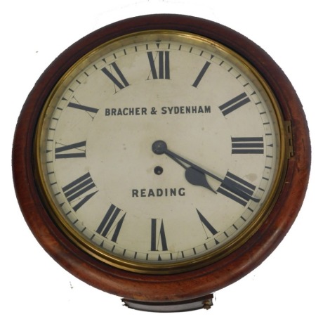 A Victorian mahogany cased wall clock by Bracher & Sydenham of Reading, circular dial bearing Roman numerals, single fusee movement, 37cm wide.