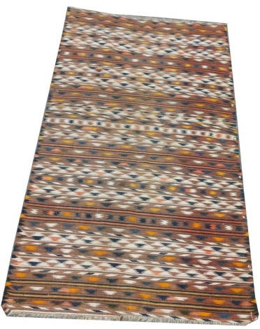 A Turkish Kilim rug, decorated with bands of geometric motifs against a brown ground, 192cm x 108cm.