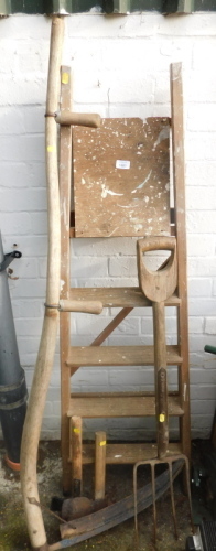 A wooden step ladder, fork, hatchets, etc. (a quantity)