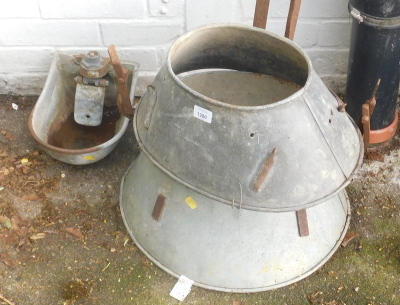 Two galvanized spreaders, and a Bamfords of Uttoxeter galvanized water bowl. (3)