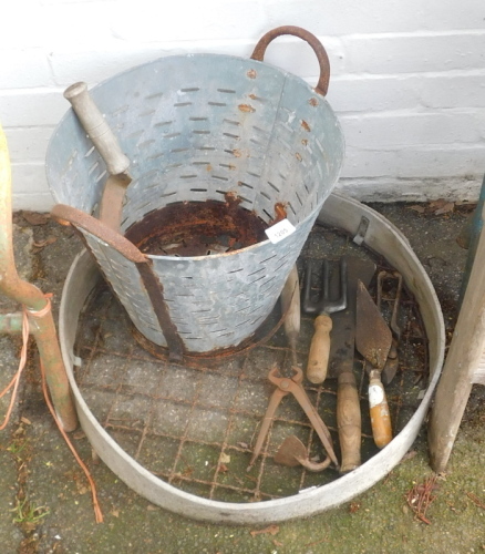 A galvanized spreader can, small group of tools, etc. (a quantity)