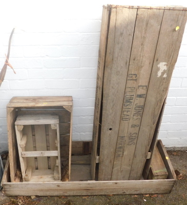 Various wooden crates, comprising large rectangular crate, storage crate for EW Jones and Sons of Plumstead Wisbech, etc. (a quantity)