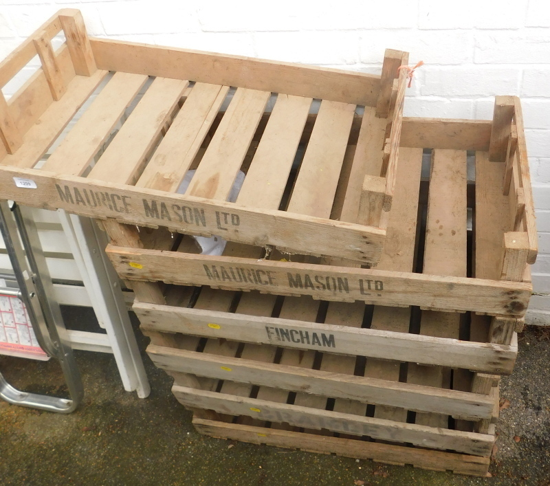 Six wooden storage trays, five stamped for Maurice Mason Limited, and