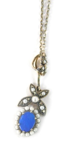 A silver opal cultured pearl and marcasite pendant and chain, the floral drop designed with butterflies and flower head, 3.5cm high, on a silver fine link neck chain, 46cm long, 4.3g all in.