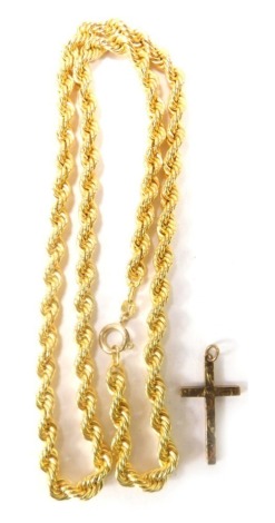 A 9ct gold rope twist neck chain, 48cm long, and a 9ct rose gold crucifix pendant, 11.1g all in. (2)