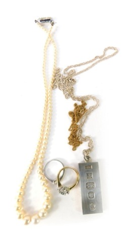 A group of costume jewellery, comprising a silver ingot pendant and chain, a silver and cz set dress ring, 41.9g all in, an M&S dress ring, a gold plated fin link neck chain, and a cultured pearl necklace with stone set clasp. (a quantity)