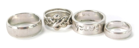 Four silver dress rings, comprising a silver four strand puzzle ring, ring size P, a silver brushed 8mm dress ring, ring size W, a silver name ring for Sarah, ring size S, and a silver 5mm brushed band, ring size H½, 25.8g all in. (4)