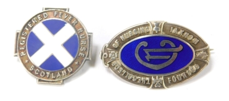 Two silver and enamel brooches, comprising a Scotland Registered Fever Nurse enamel badge, inscribed J Sutherland E5076, and a The College of Nursing brooch numbered 18001, 14.5g all in. (2)