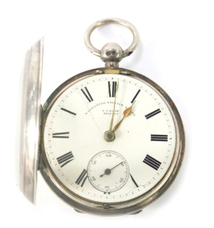 A Victorian silver pocket watch, by C Callow of Belfast, with a white enamel Roman numeric dial, with seconds dial and gold hands, key wind, engine engraved case with vacant cartouche, Chester 1900, 126.2g all in.