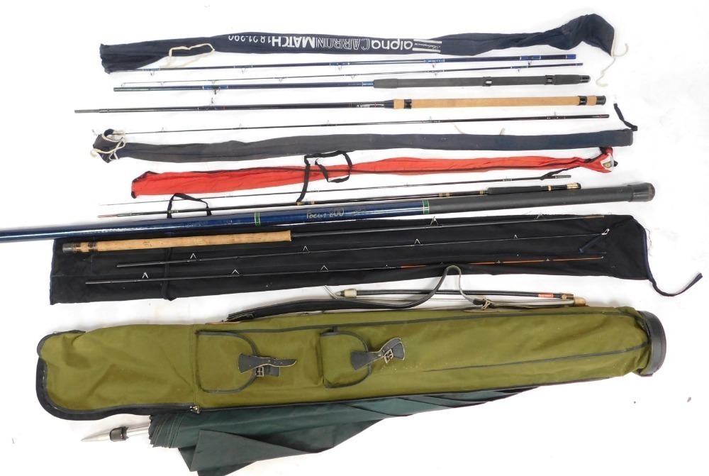A Daiwa fly fishing rod, three piece split cane fly fishing rod, fishing umbrella, a Shakespeare A Daiwa fly fishing rod, three piece split cane fly fishing rod, fishing umbrella, a Shakespeare