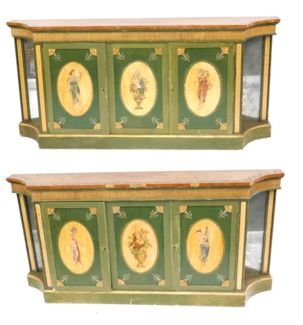 A pair of 19thC Neo-classical side cabinets, with satinwood tops, parcel gilt and Neoclassical painted doors, convex sides with mirror backs, each 90cm high, 195cm wide, 38cm deep.