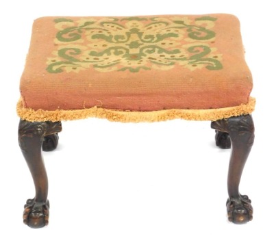 A Chippendale style mahogany stool, with cabriole legs, ball and claw feet, and wool work top, 58cm x 42cm.